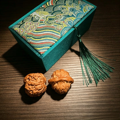 Chinese Traditional Brocade Storage Box for Wenwan Pair Walnuts, Silk Tassel Gift & Display Case